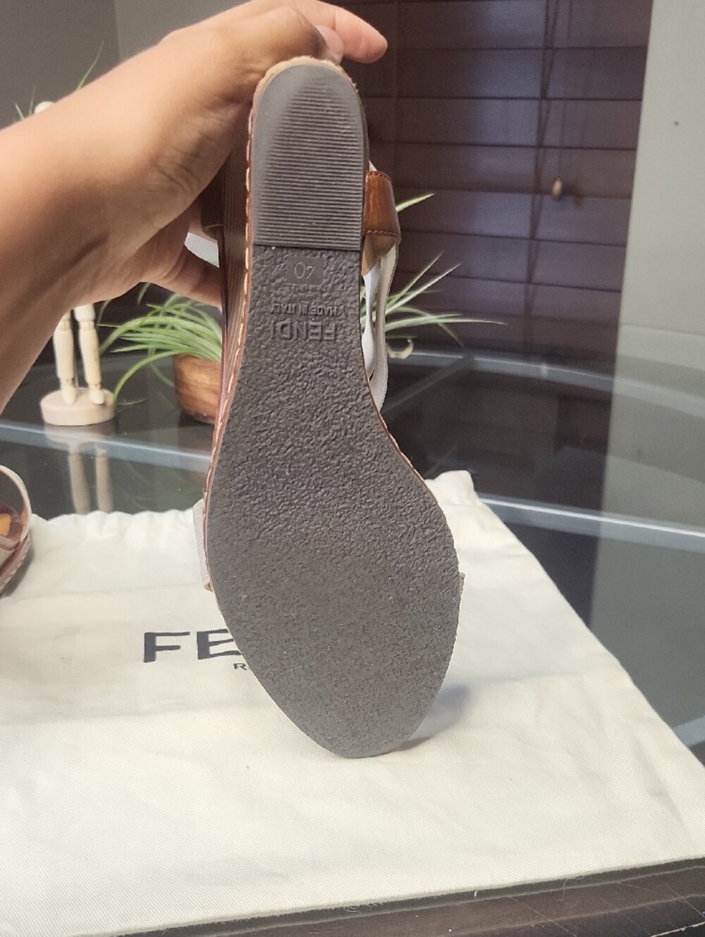 Fendi Brown & Cream Leather Wedge Sandals - Picture 11 of 11